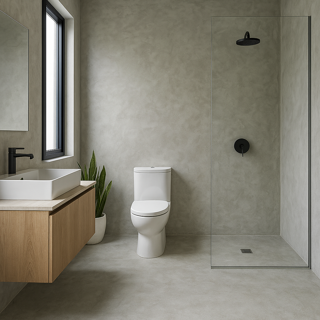 Baño moderno con suelos y paredes de hormigón impreso, ideal para reformas