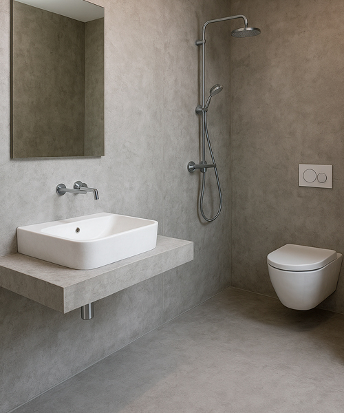 Baño moderno con paredes y suelos de hormigón impreso que muestra textura y acabado